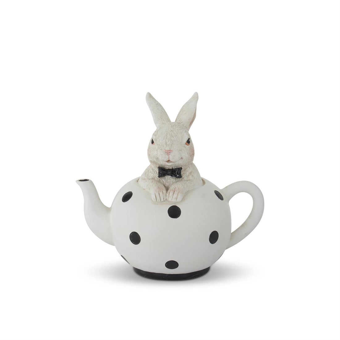 Black-and-white teapot bunny figurine set detail view