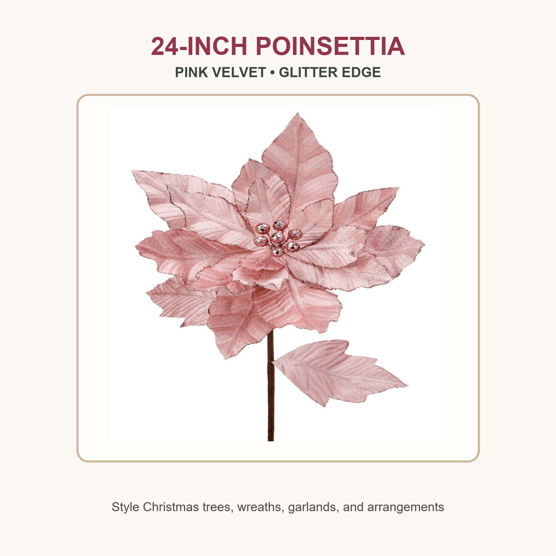 24-inch pink velvet poinsettia Christmas floral pick with glittered edges