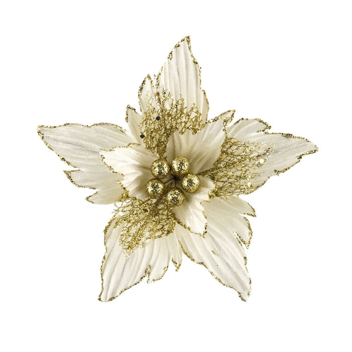 8-inch white velvet poinsettia flower with gold trim