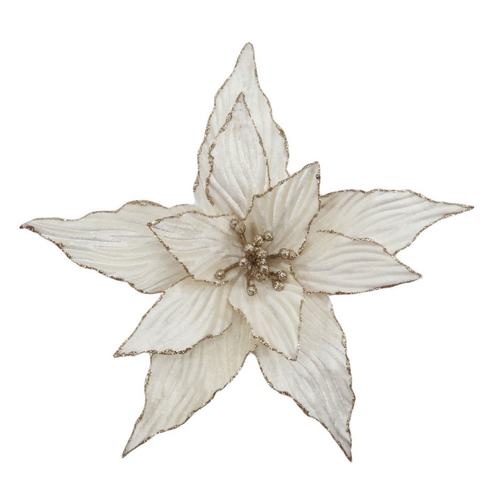 10-inch white velvet poinsettia flower with gold trim