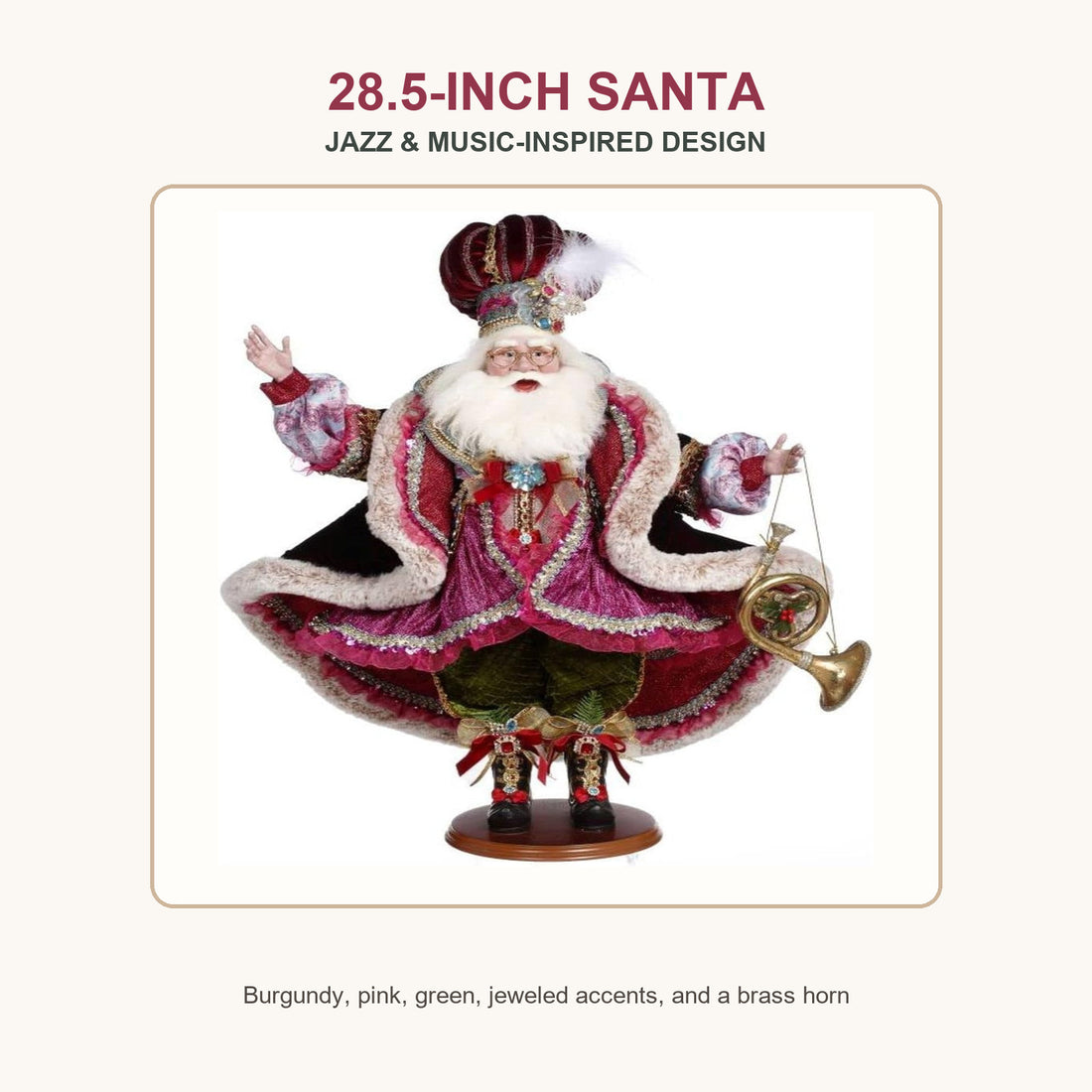 28.5-inch Jazz Mataz Santa figurine in burgundy and pink holding a brass horn