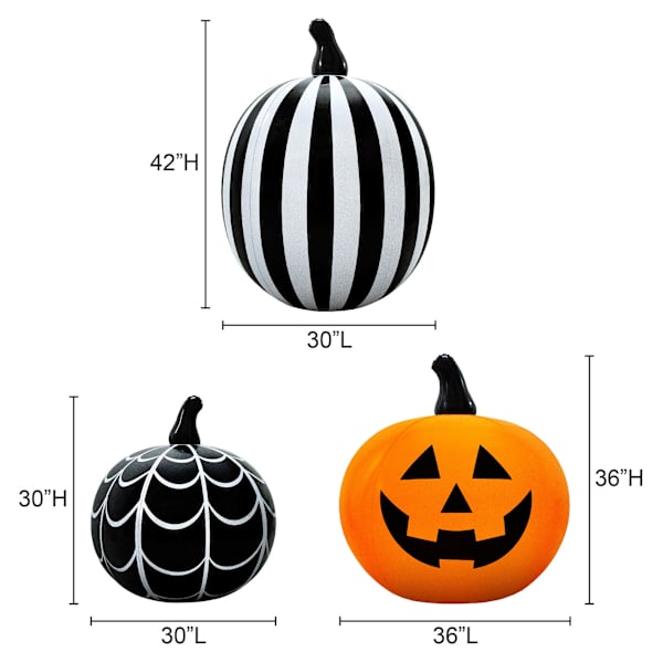 assorted inflatable Halloween pumpkins with jack-o'-lantern striped and spiderweb designs