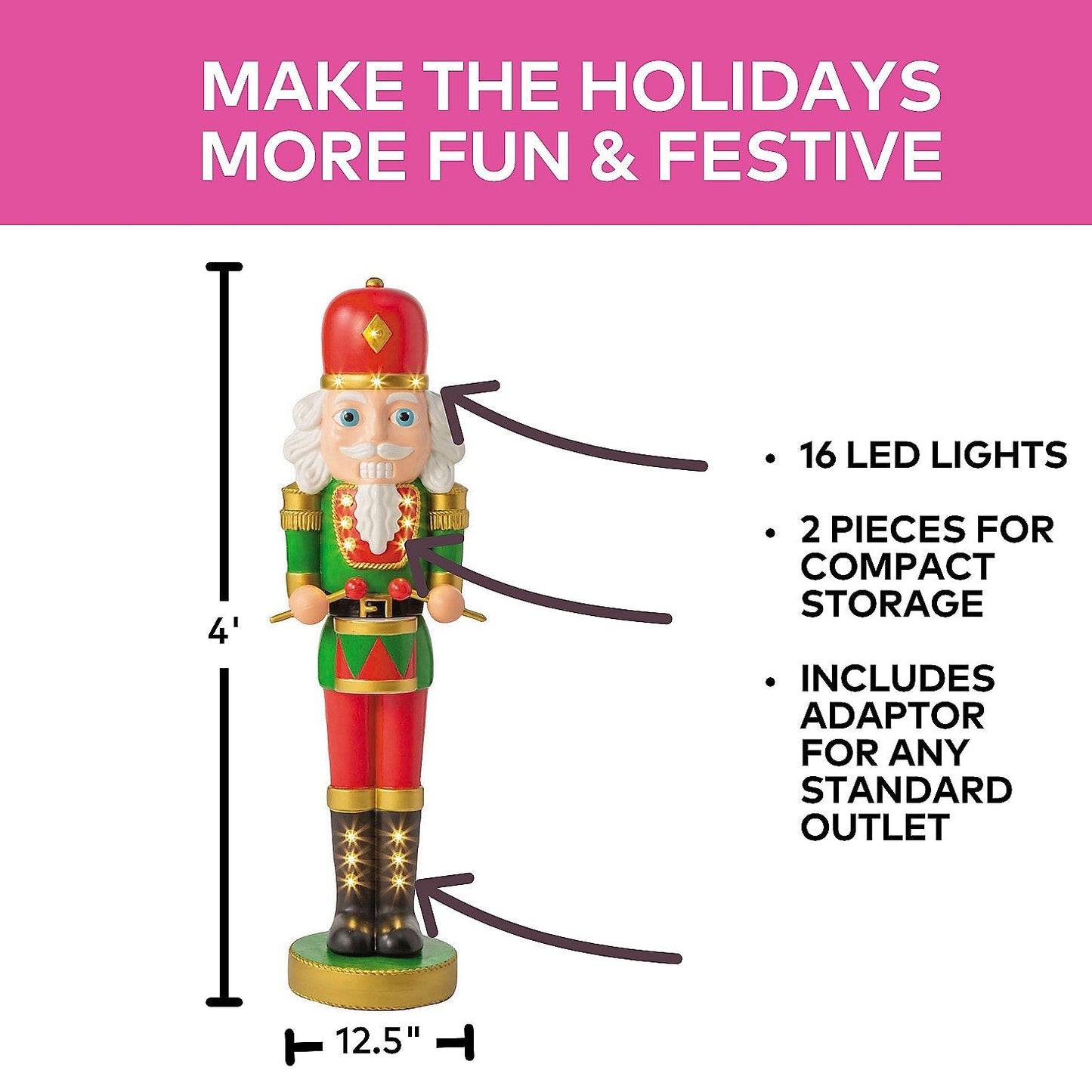 4 Ft Light-Up Nutcracker with Drumsticks – Illuminated Christmas Statue for Indoor & Outdoor Holiday Décor