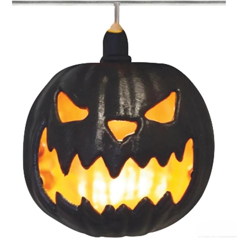 black pumpkin LED Halloween garland with orange glowing jack-o'-lanterns