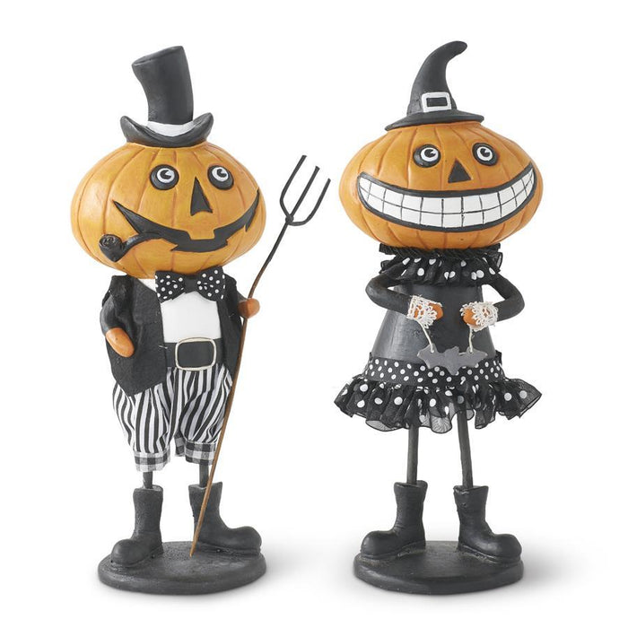 set of two standing pumpkin people Halloween figurines