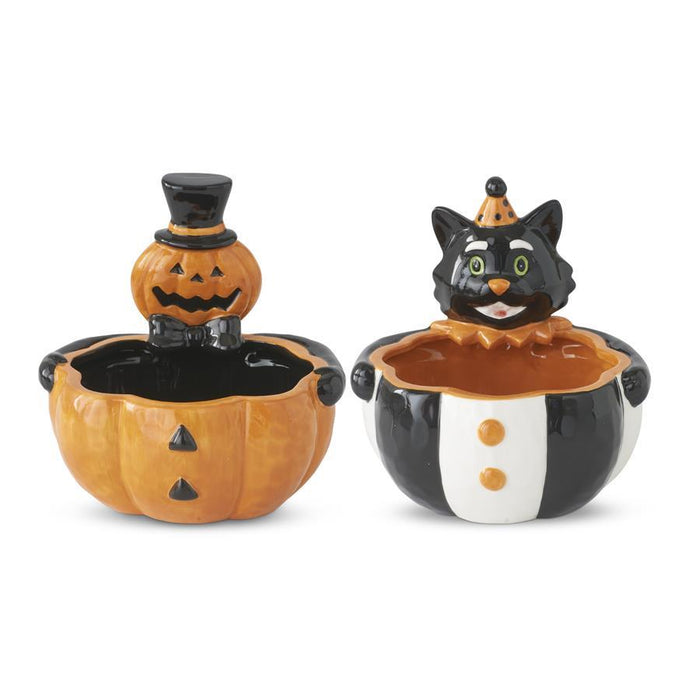 set of two Halloween ceramic candy bowls with pumpkin and black cat designs