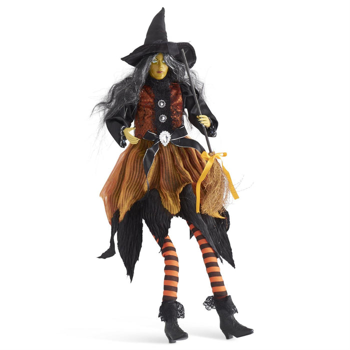 28" Sitting Sybil Witch Halloween Figure with Broom & Orange Dress Decorative Shelf Sitter