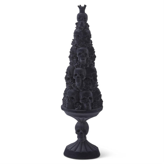 Black Velvet Skull Topiary with Gothic Roses – 18.5 Inch Halloween Tabletop Decoration