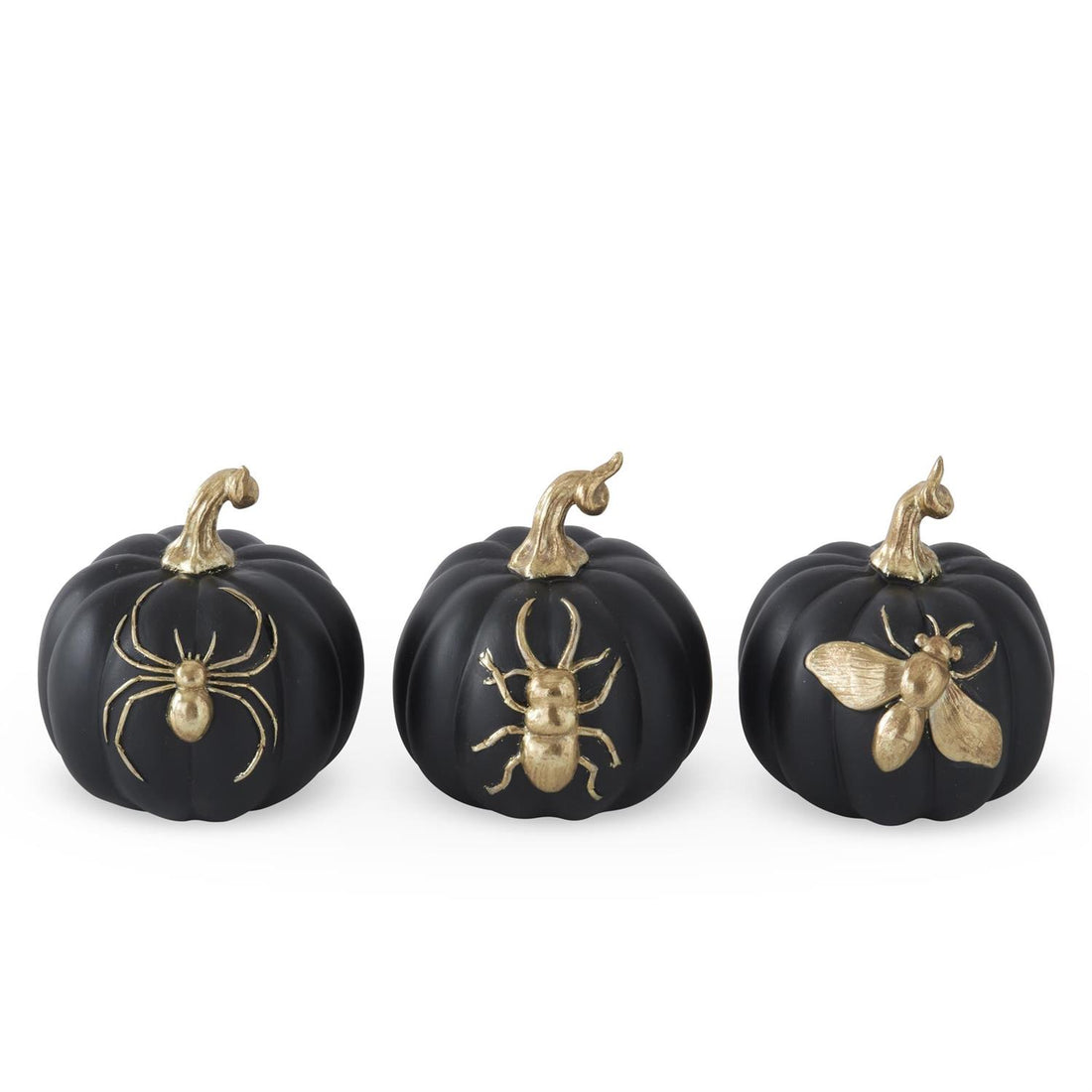 set of three black and gold insect pumpkin Halloween decorations