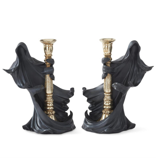 Set of 2 Black Draped Ghost Holding Gold Taper Candleholders