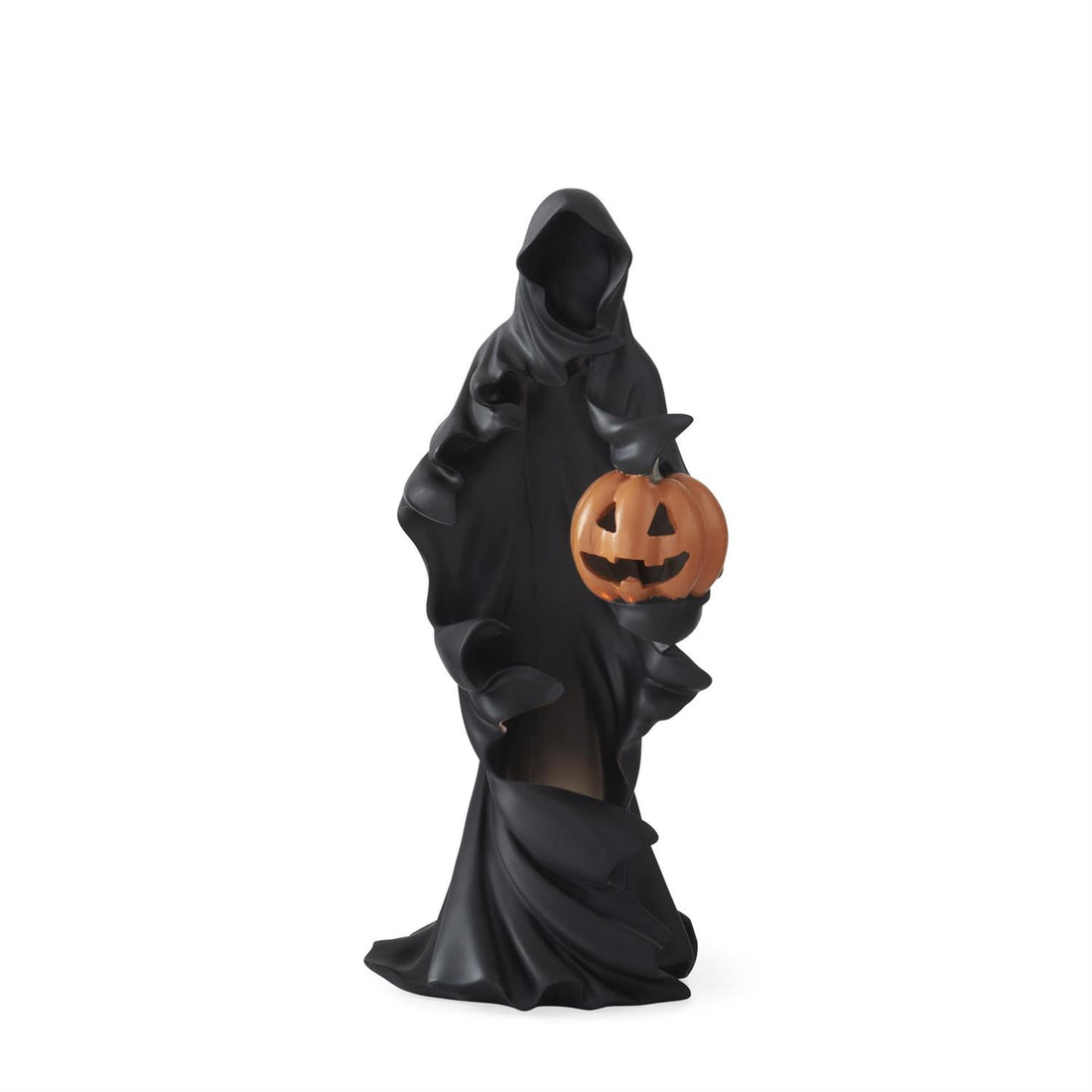 20-inch black draped LED ghost holding a glowing jack-o'-lantern