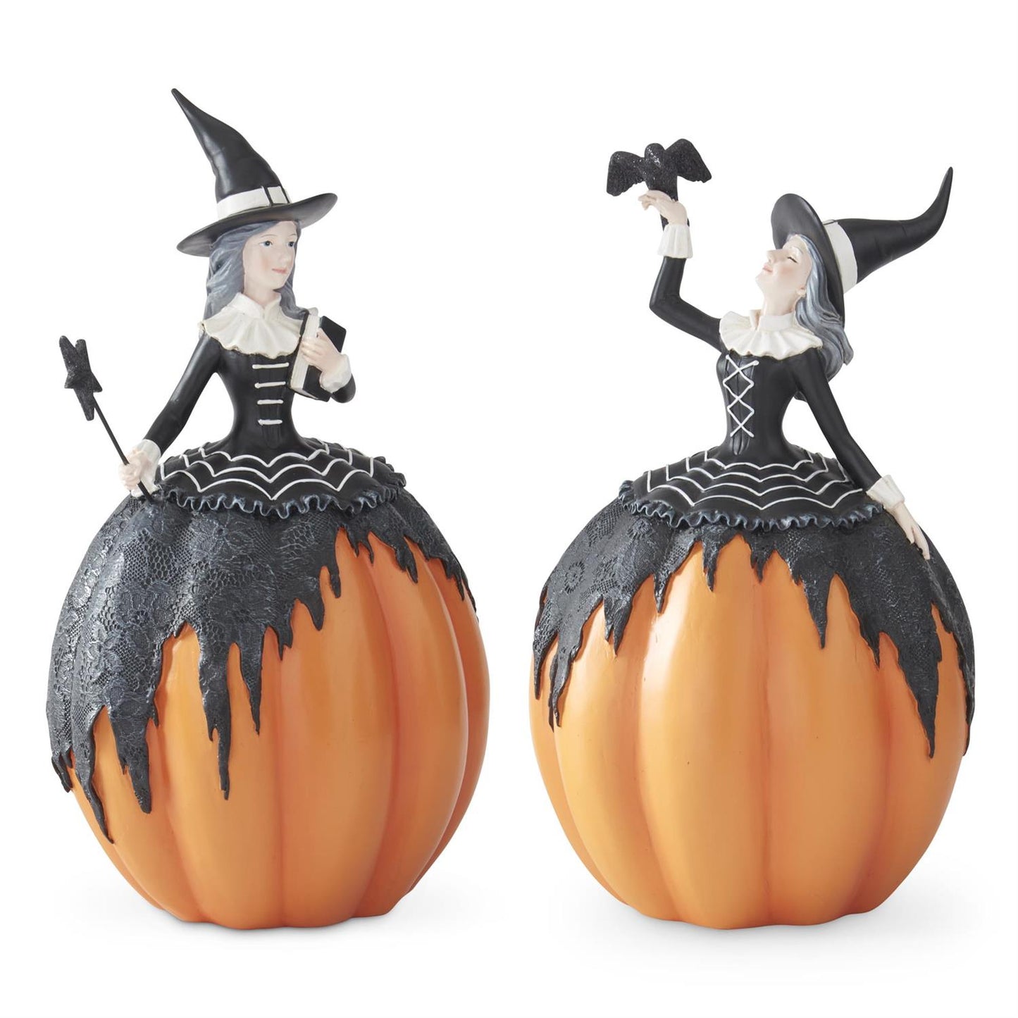 Set of 2 Orange & Black Resin Pumpkin Witches w/Crow