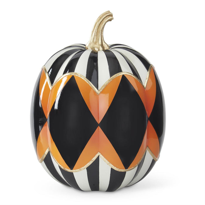 12.5 Inch Black & White Striped w/Orange & Black Check Resin Pumpkin