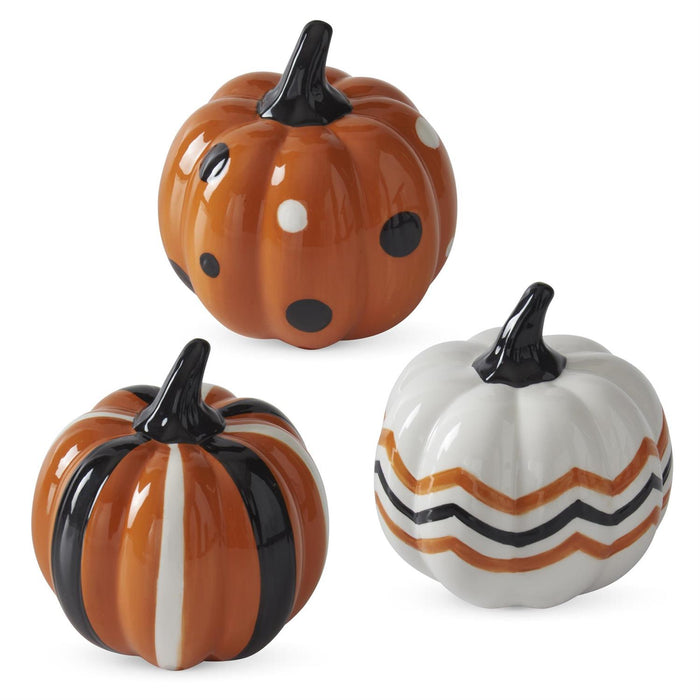 3.75-inch orange black and white dot ceramic Halloween pumpkins set of three