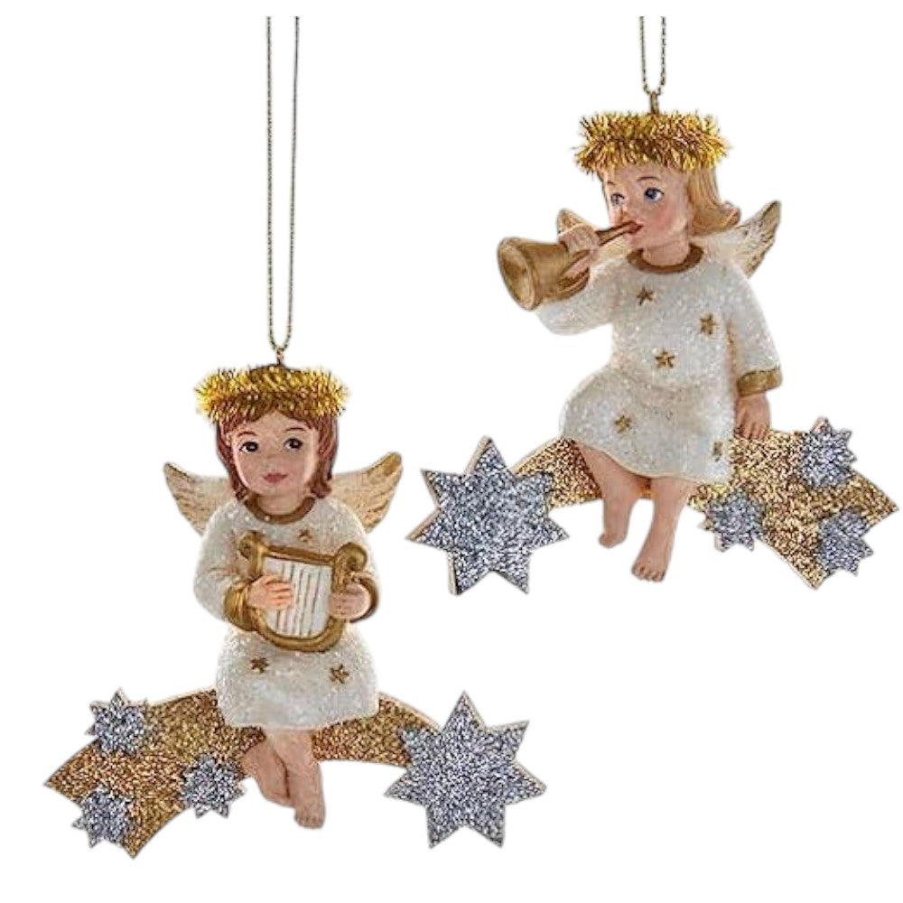 3.5" German Angel on Shooting Star Ornaments – Set of 2