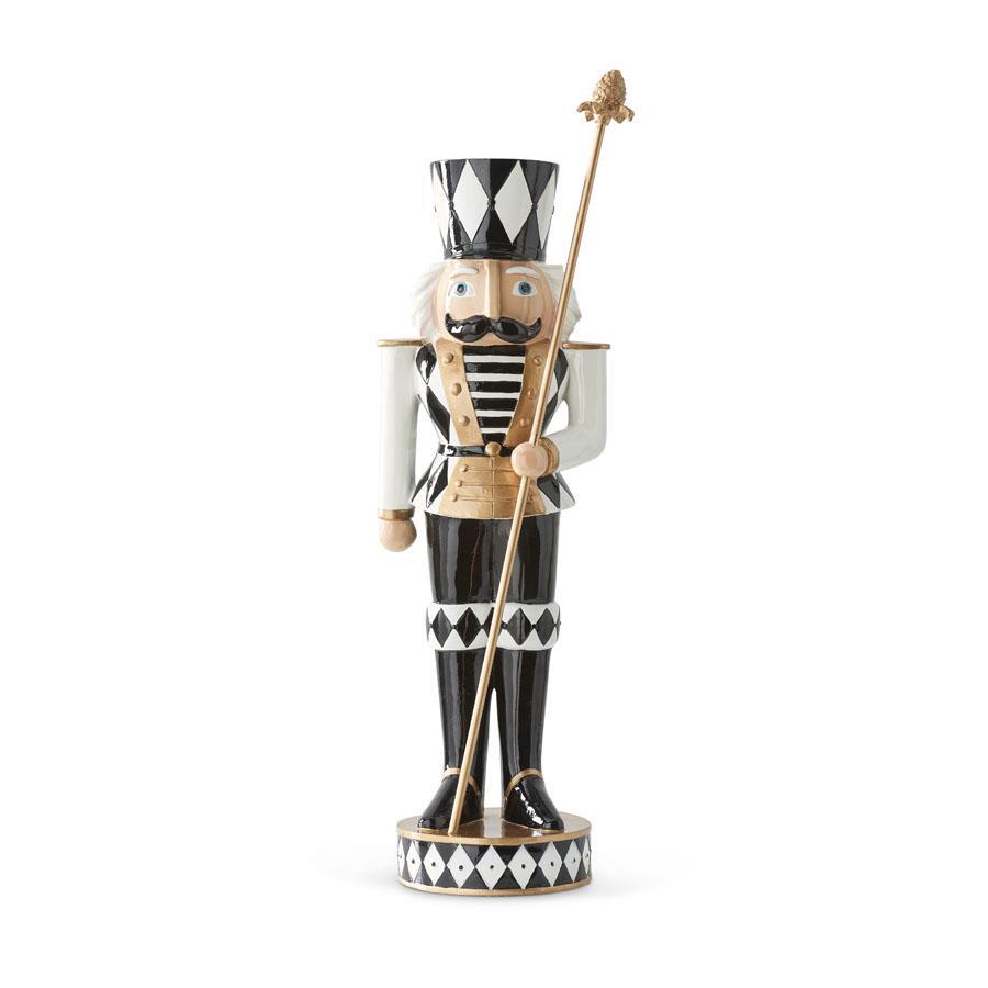 20-inch black and white harlequin soldier nutcracker with staff