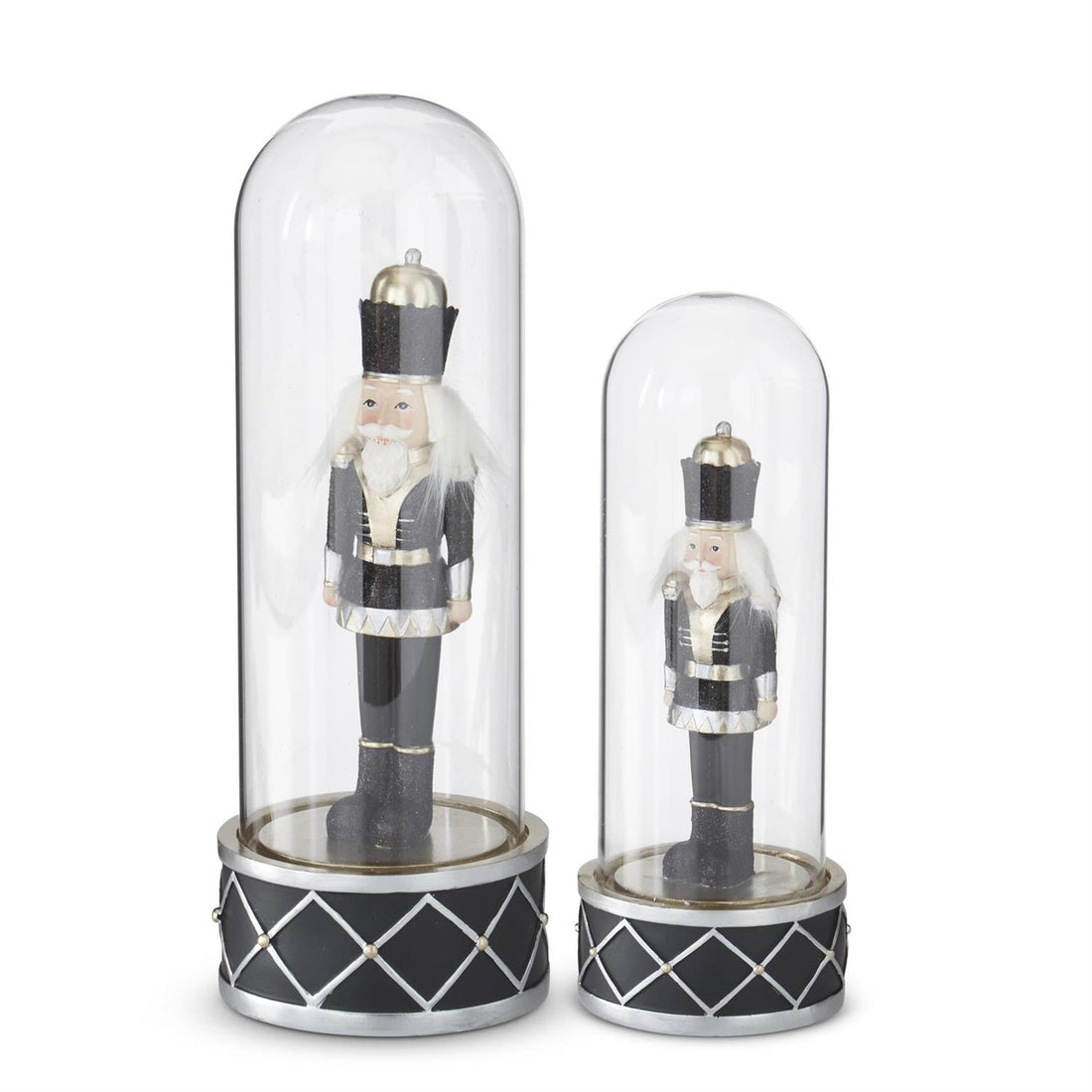 Set of 2 Black & Gold Nutcracker Soldiers Under Glass Cloche – Elegant Christmas Décor