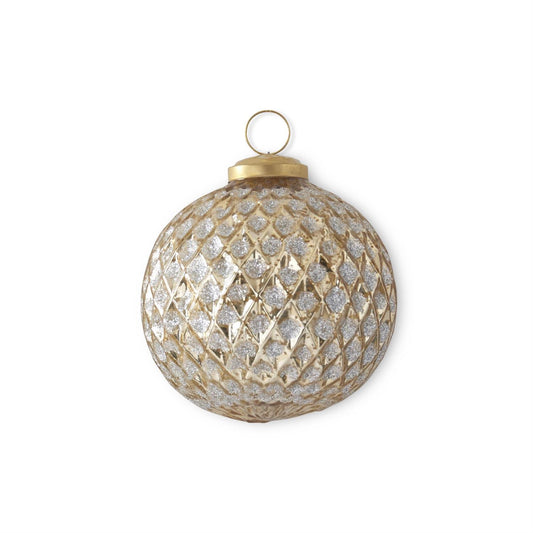 4" Gold Glitter Diamond Glass Ornament – Elegant Vintage Embossed Round Christmas Decoration
