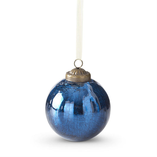 3" Handmade Mirrored Blue Crackled Glass Ornament – Elegant Vintage Round Christmas Decoration