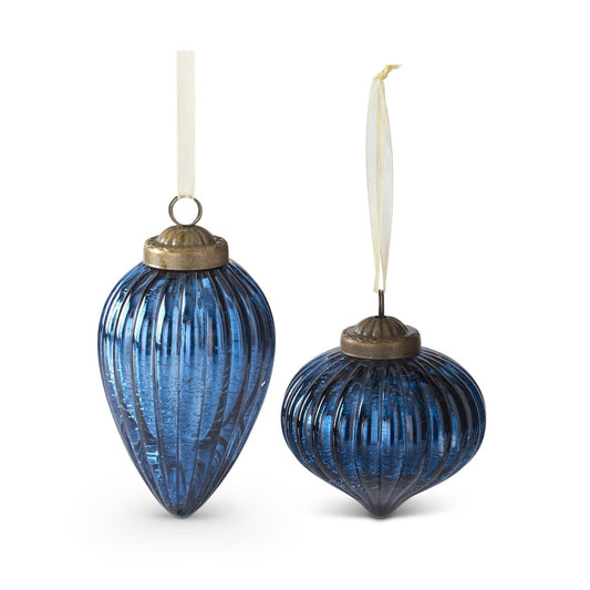 Assorted Handmade Mirrored Blue Crackled Glass Ornaments (2 Styles) – Vintage Ribbed Finial & Round Christmas Set