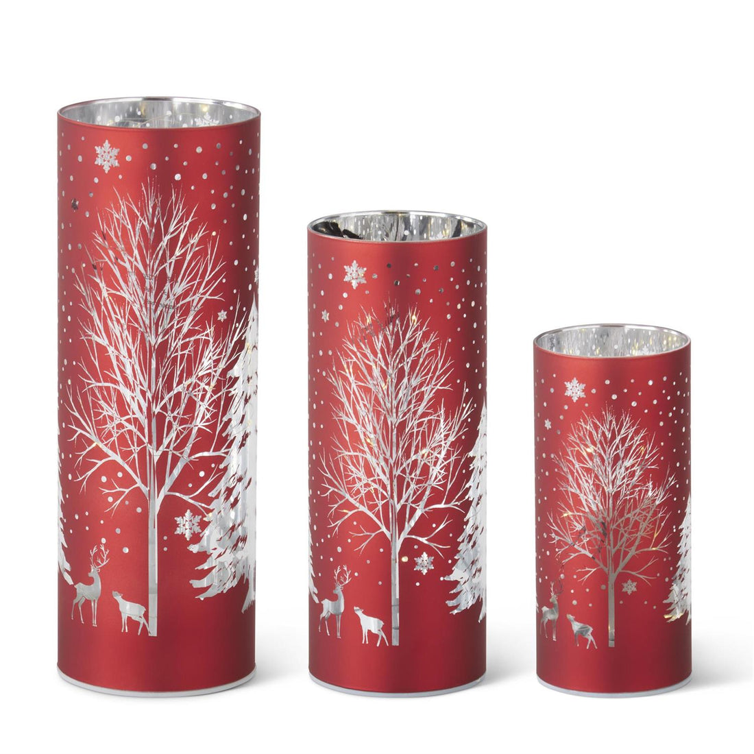 Red Laser Engraved Winter Scene LED Cylinder – 10"