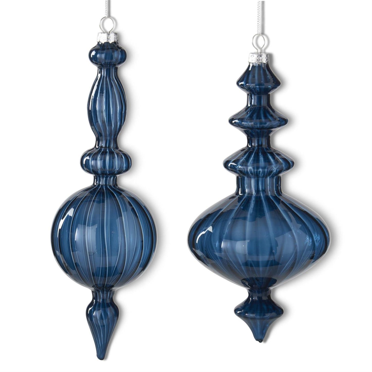 Assorted Handmade Dark Blue Glass Finial Ornaments (2 Styles) – Elegant Ribbed Hand-Blown Christmas Decor