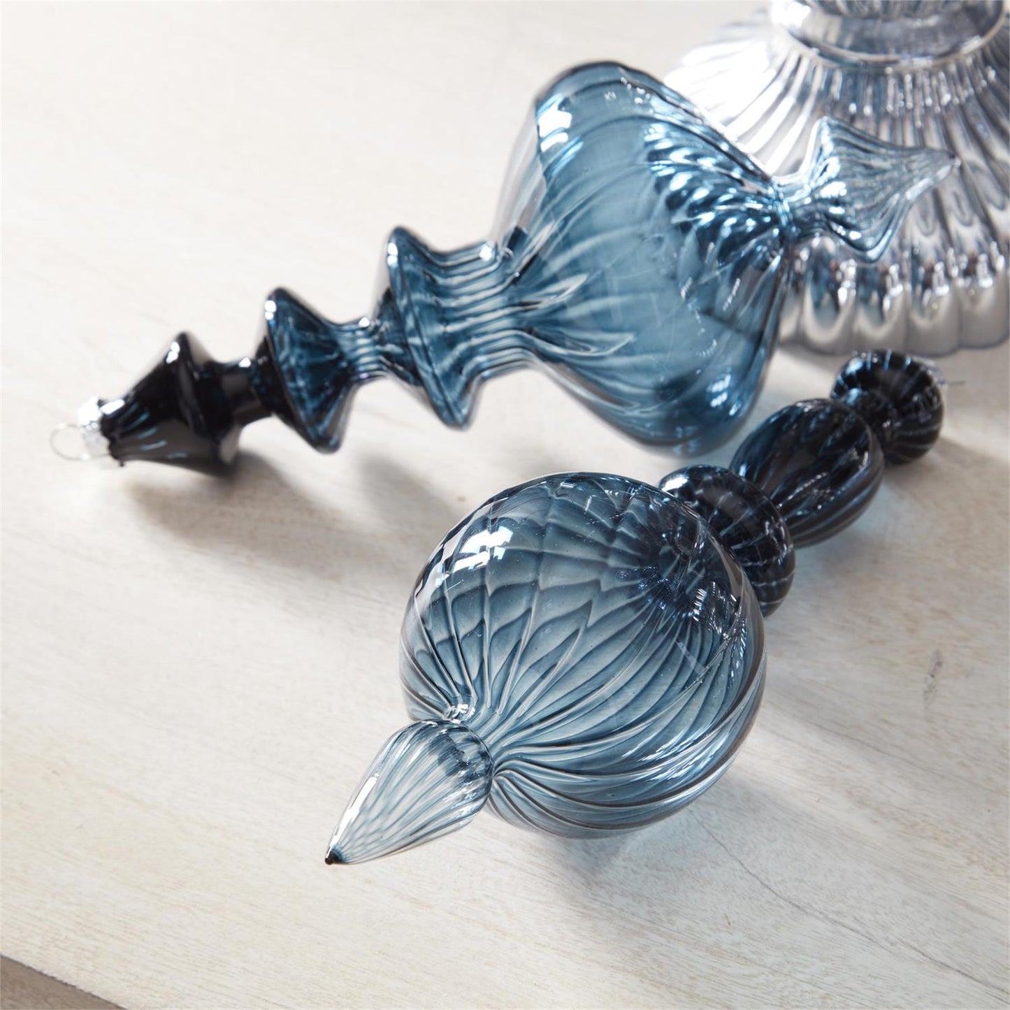 Assorted Handmade Dark Blue Glass Finial Ornaments (2 Styles) – Elegant Ribbed Hand-Blown Christmas Decor