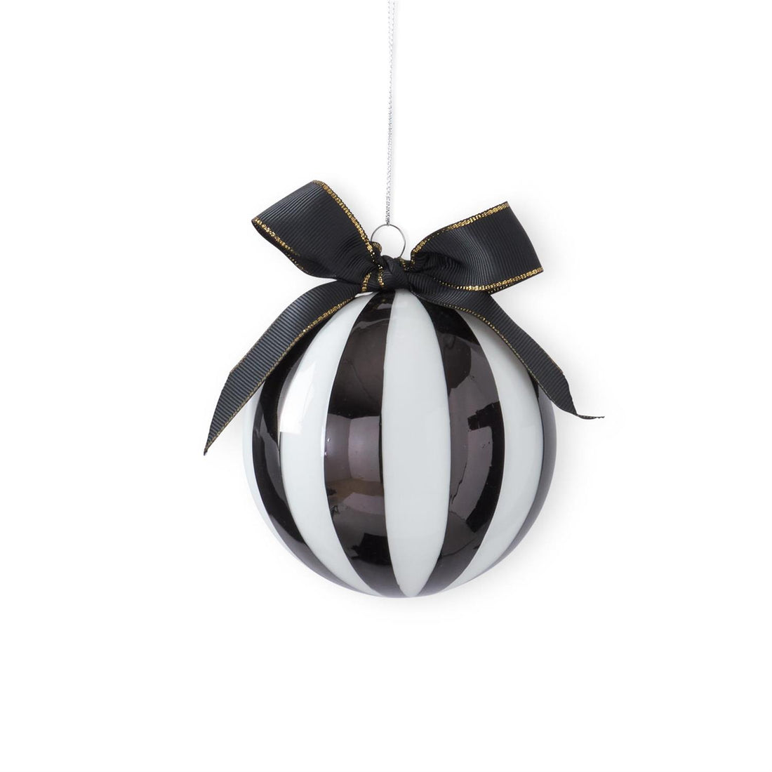 4.25" Black & White Striped Glass Ornament with Gold-Trimmed Bow
