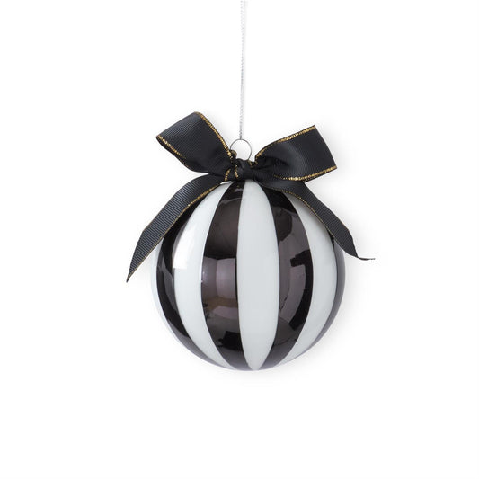 4.25" Black & White Striped Glass Ornament with Gold-Trimmed Bow