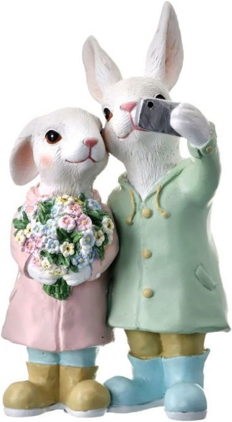 9" Pastel Bunny Selfie Figurine – Easter Rabbit Couple