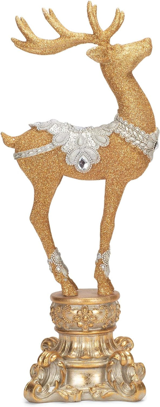 18" Resin Jeweled Old World Deer on Pedestal: Elegant Christmas Decoration with Vintage Charm