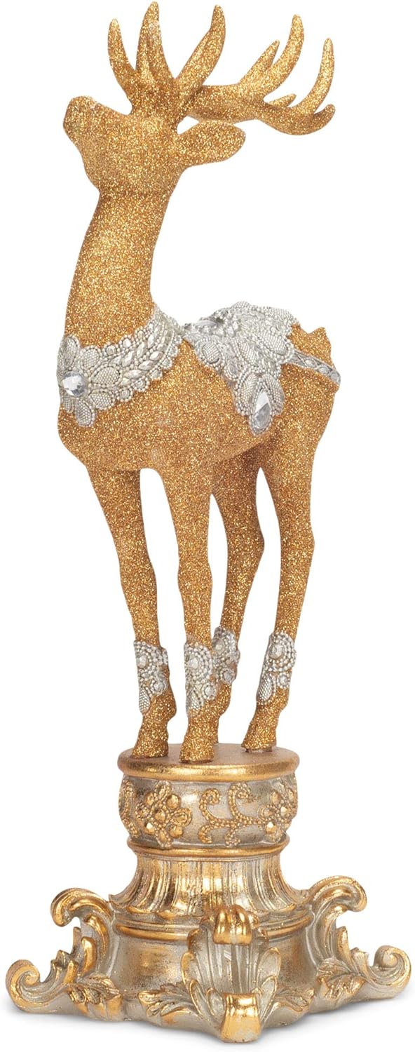 18" Resin Jeweled Old World Deer on Pedestal: Elegant Christmas Decoration with Vintage Charm