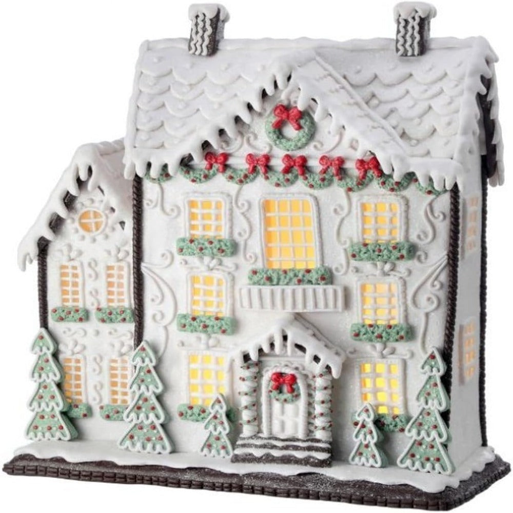 13.5" White Christmas Gingerbread House with LED Lights - Battery Operated with Timer