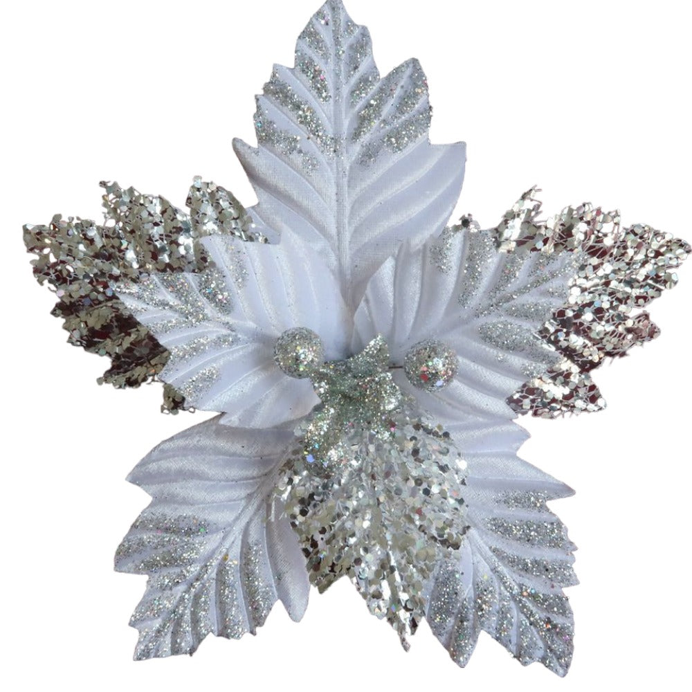 10" White Velvet Poinsettia with Sheer Glitter Edge