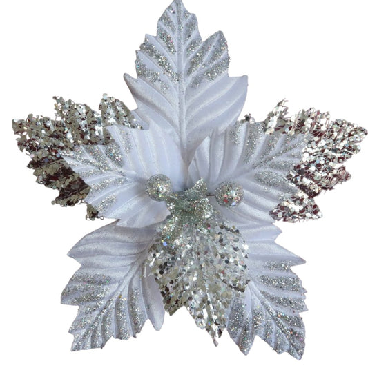 10" White Velvet Poinsettia Flower with Sheer Glitter Edge – Elegant Christmas Floral Decoration