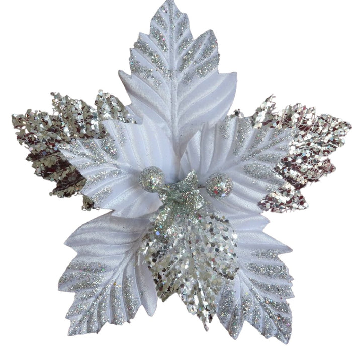10" White Velvet Poinsettia with Sheer Glitter Edge