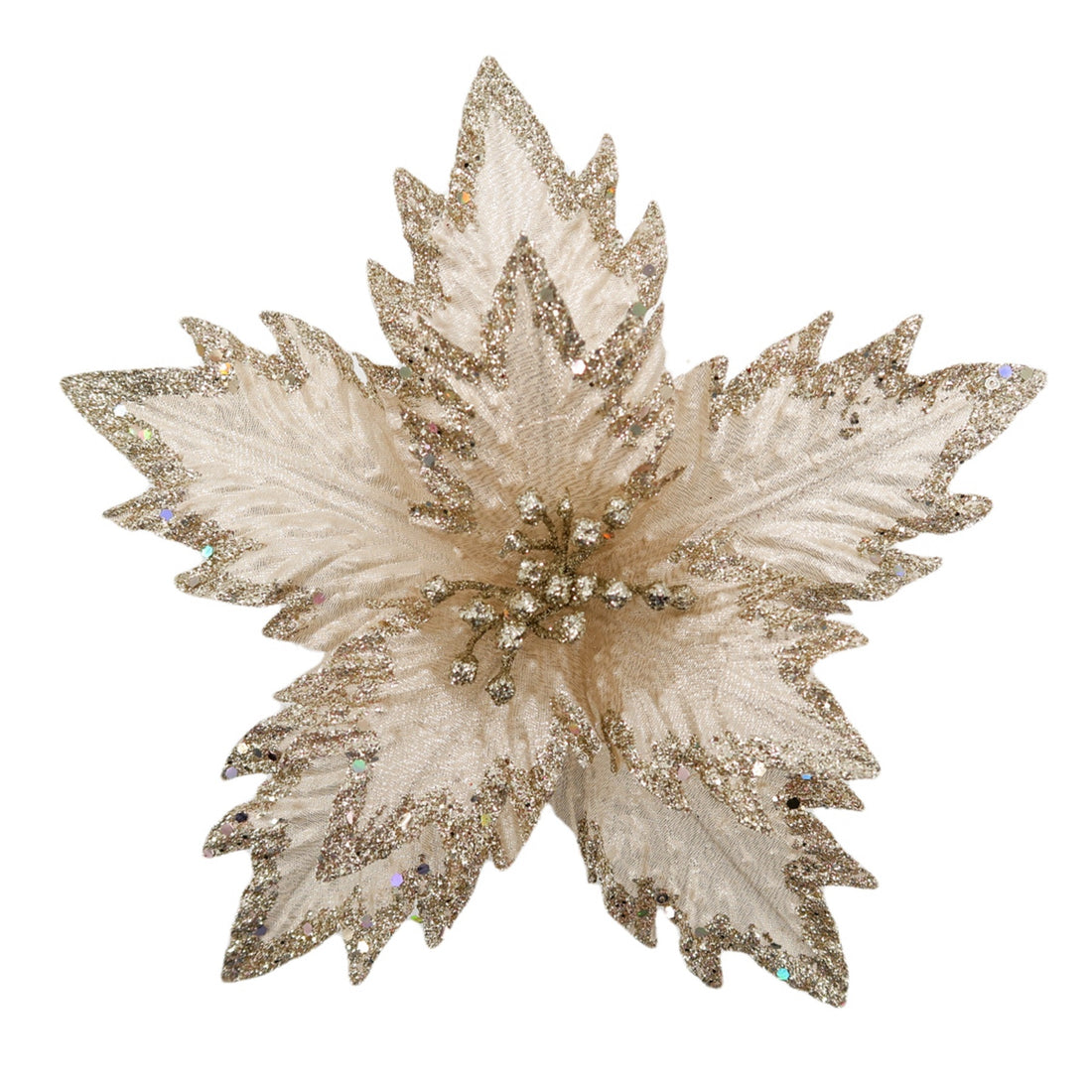 10-inch off-white velvet poinsettia pick with gold trim