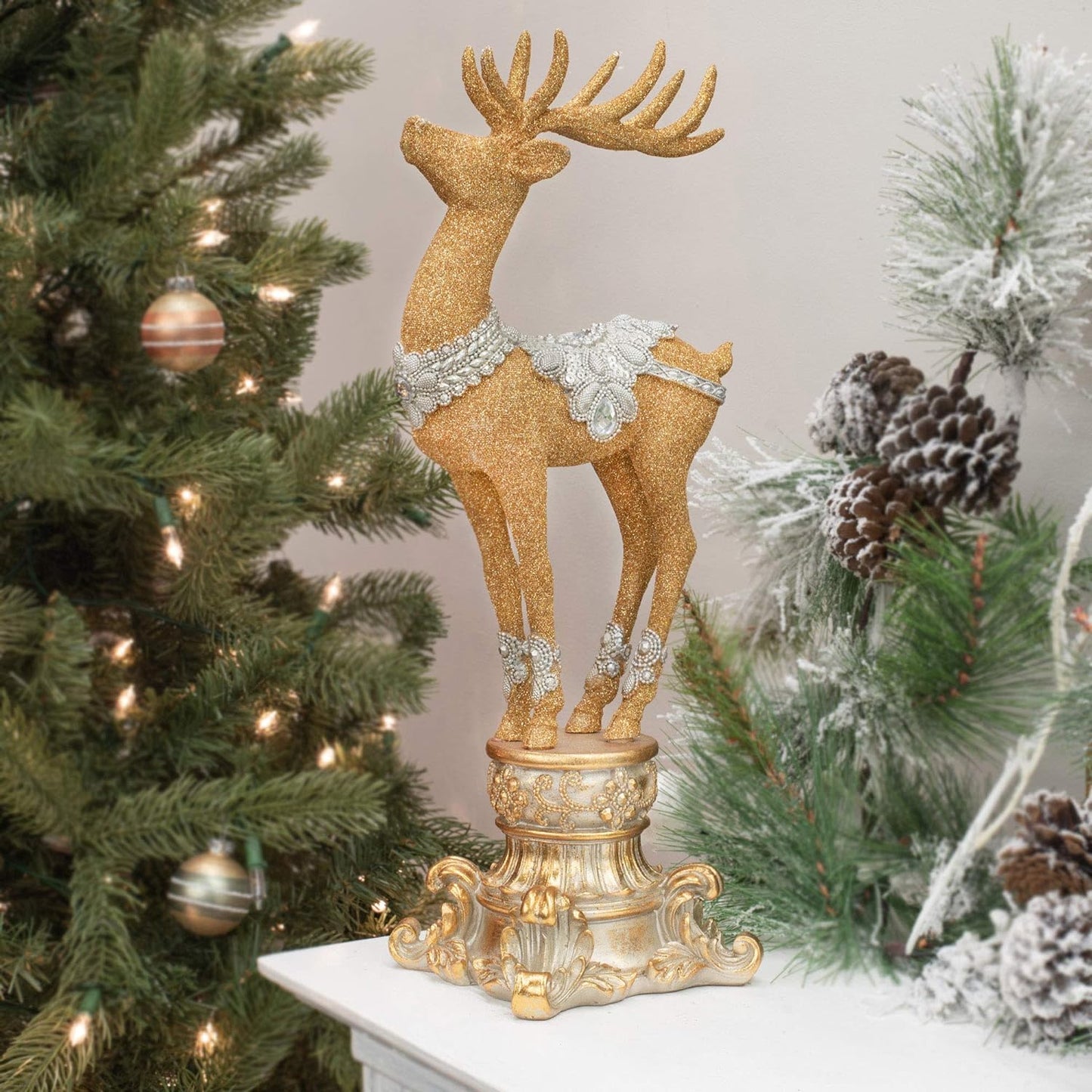 18" Resin Jeweled Old World Deer on Pedestal: Elegant Christmas Decoration with Vintage Charm