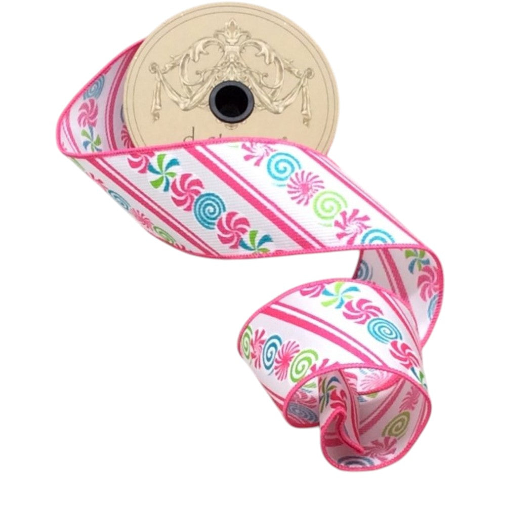 2.5" x 10yds-Peppermint Satin Ribbon – Pink, Blue & White Wired Christmas Candy Ribbon