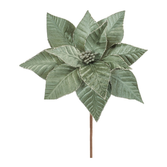 24"Green Velvet Poinsettia Stem with Silver Trim – Elegant Christmas Decoration