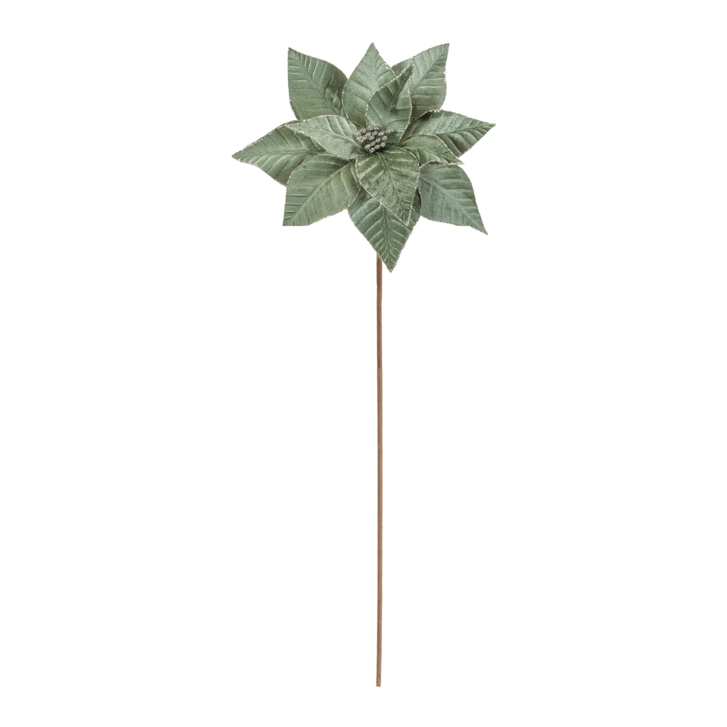 24"Green Velvet Poinsettia Stem with Silver Trim – Elegant Christmas Decoration