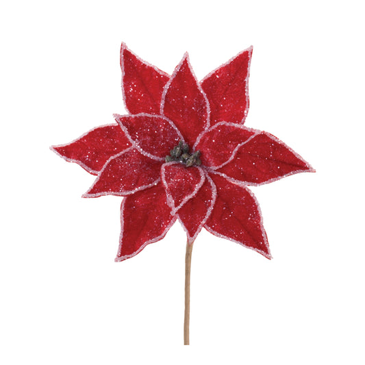 Velvet Red Poinsettia Stem with Glitter Edges – 22" Christmas Floral Pick