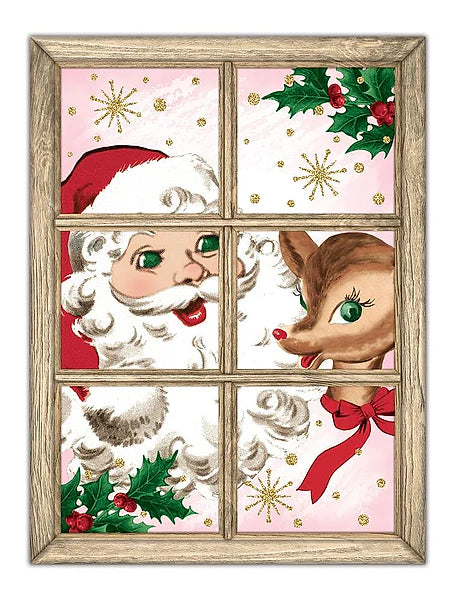 12.75" Retro Santa & Reindeer Window-Frame Christmas Metal Sign