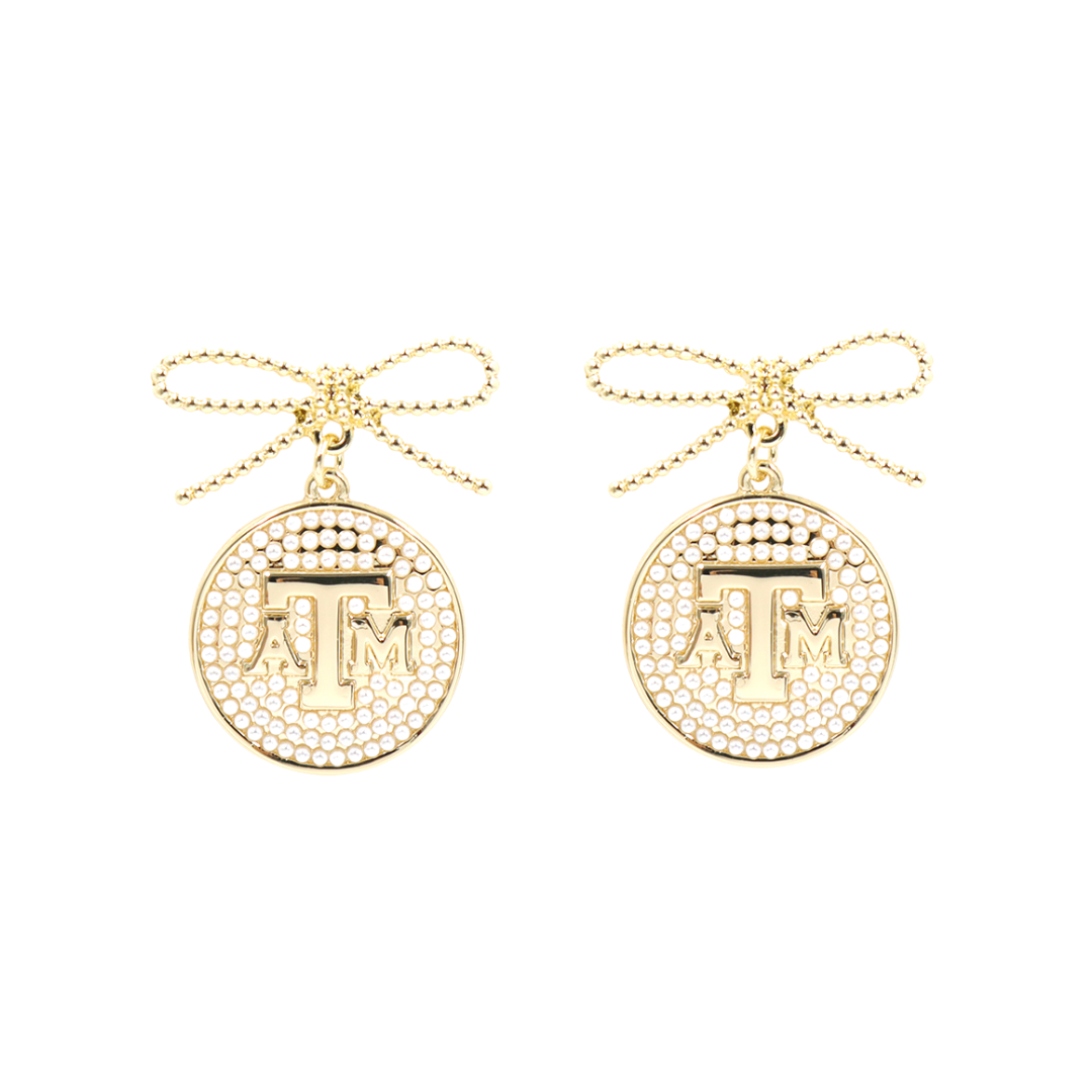 Texas A&M pearl medallion earrings with gold Aggies logo