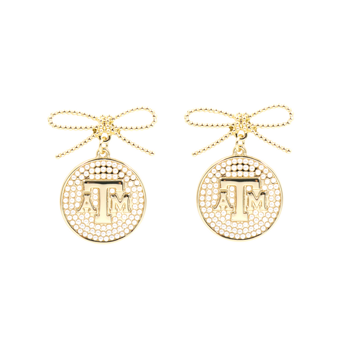 Texas A&M pearl medallion earrings with gold Aggies logo