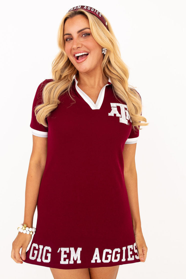 Texas A&M Reveille maroon gameday dress with sequin logo details
