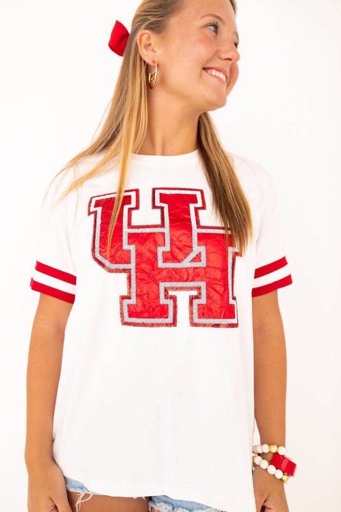 Houston Cougars red sparkle logo T-shirt with sequin UH design