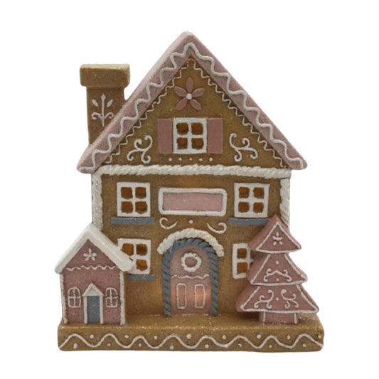 7.5" Gingerbread House – Festive Pastel Christmas Decor LED Light-Up Resin