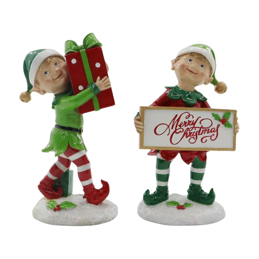 Red and green resin Christmas elf figurine set of two