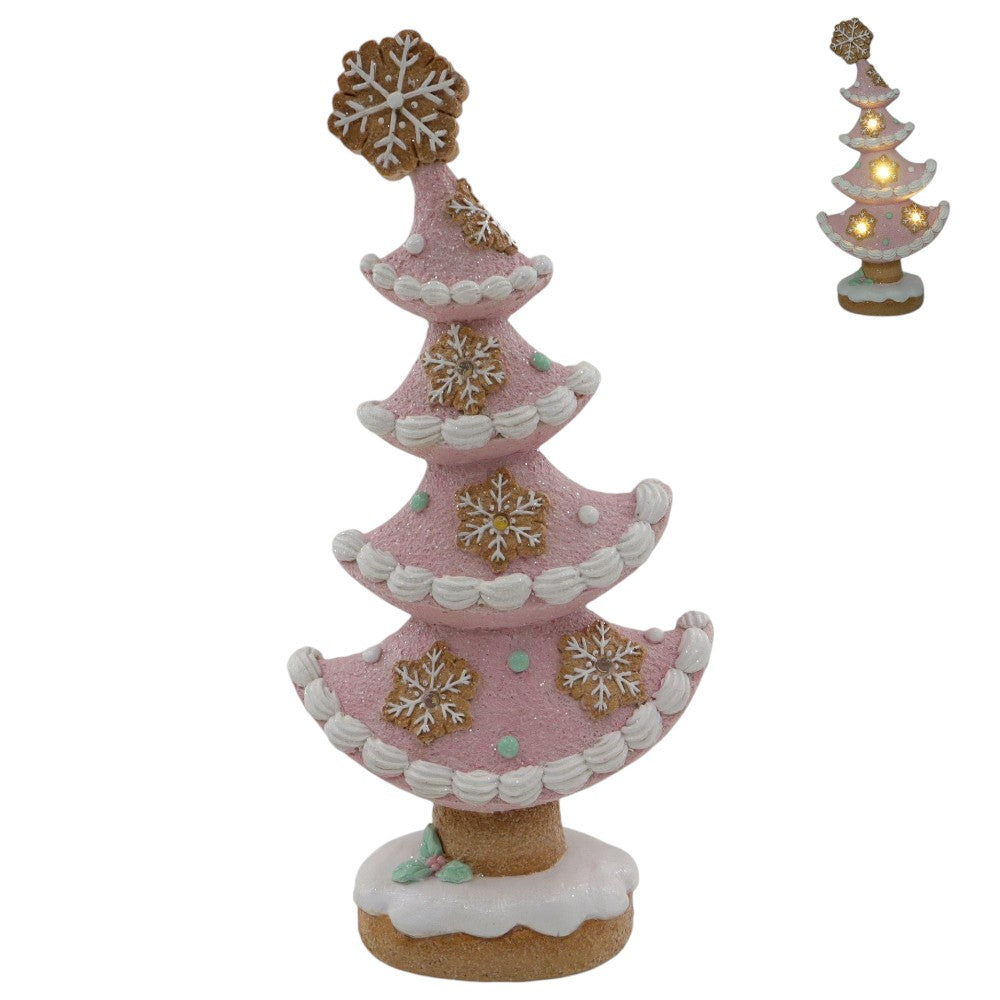 13.1" Pink Gingerbread Christmas Tree with LED Lights – Festive Pastel Holiday Decoration